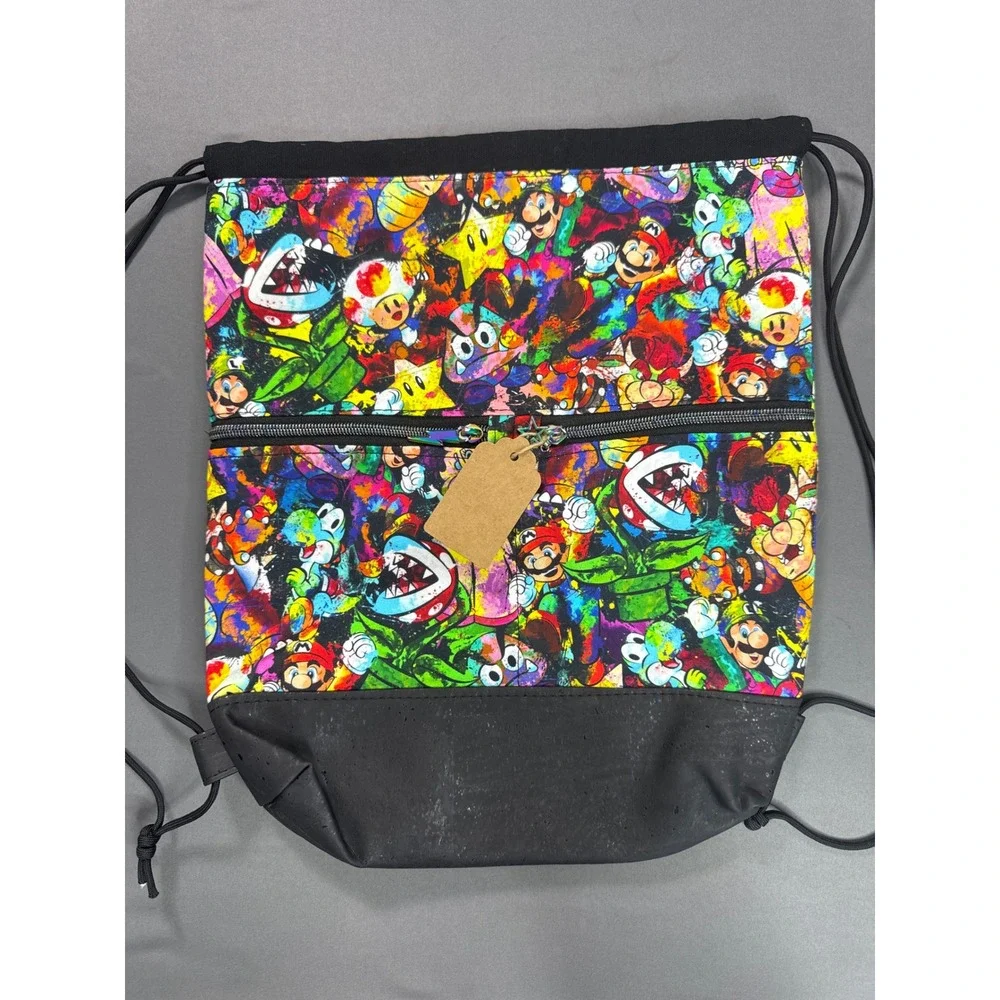 Handmade Super Mario Bros Graffiti Drawstring Backpack Black Cork Bottom 16x13